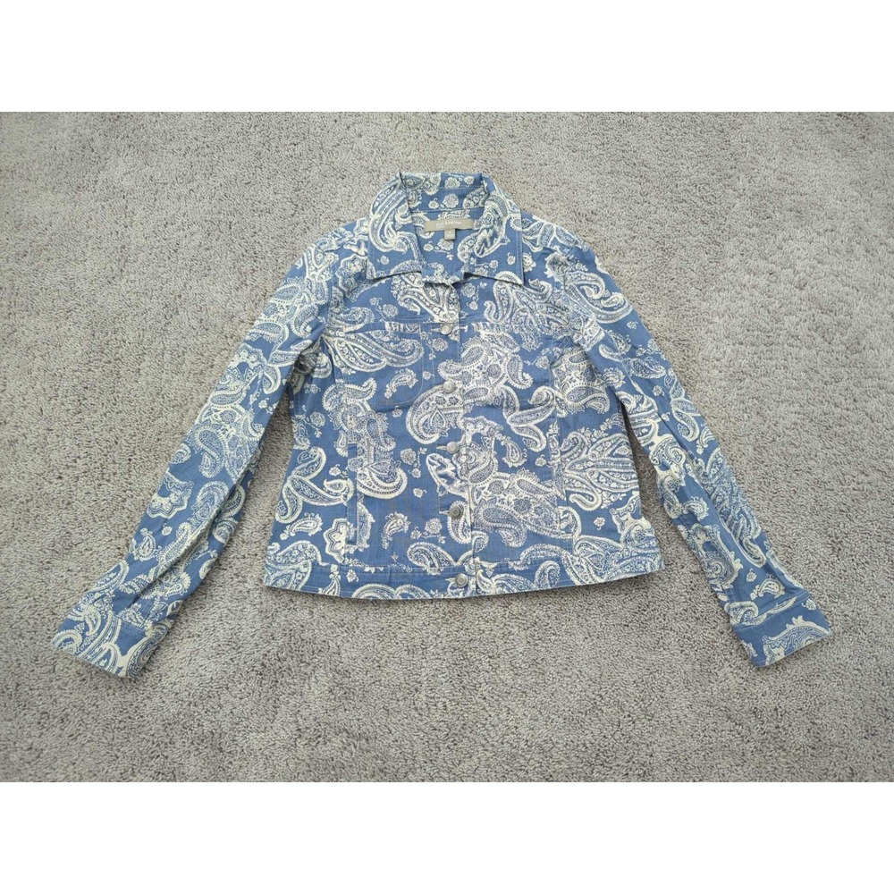 Croft & Barrow Jacket Womens 8 Blue Denim Paisley Button Up‎ Stretch Classic
